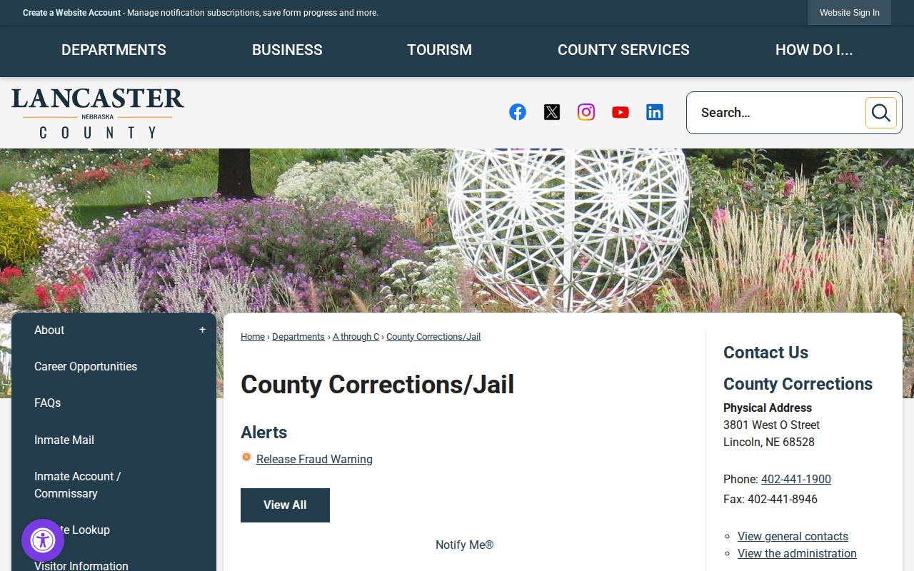 Lancaster County Adult Detention Facility booking and custody source page