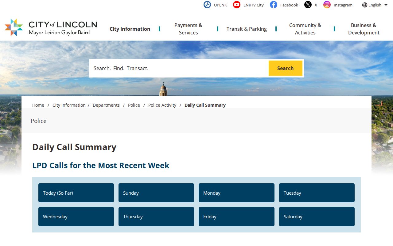 Lancaster County Lincoln Police daily call summary and arrest-record interface